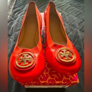 Tory Burch Caroline Suede Logo Ballet Flat, Candy Apple Red (Red)